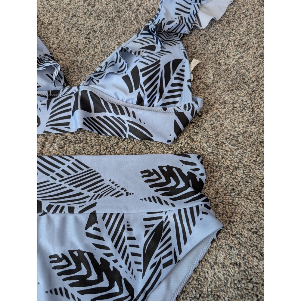 Aerie Light Blue Black Tropical Palm Ruffle Triangle Bikini Set Medium High Cut - Picture 4 of 4